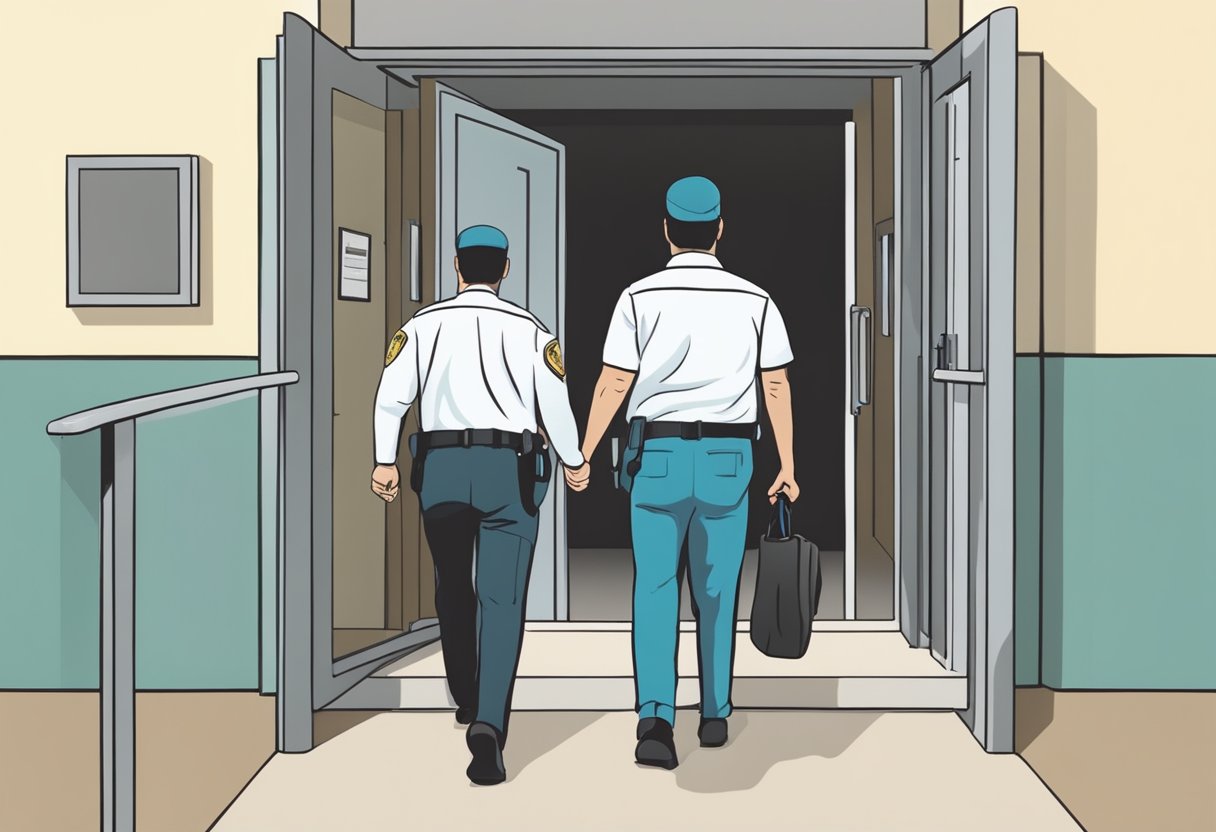 Uma pessoa sendo escoltada para uma instituição de saúde mental por duas autoridades.