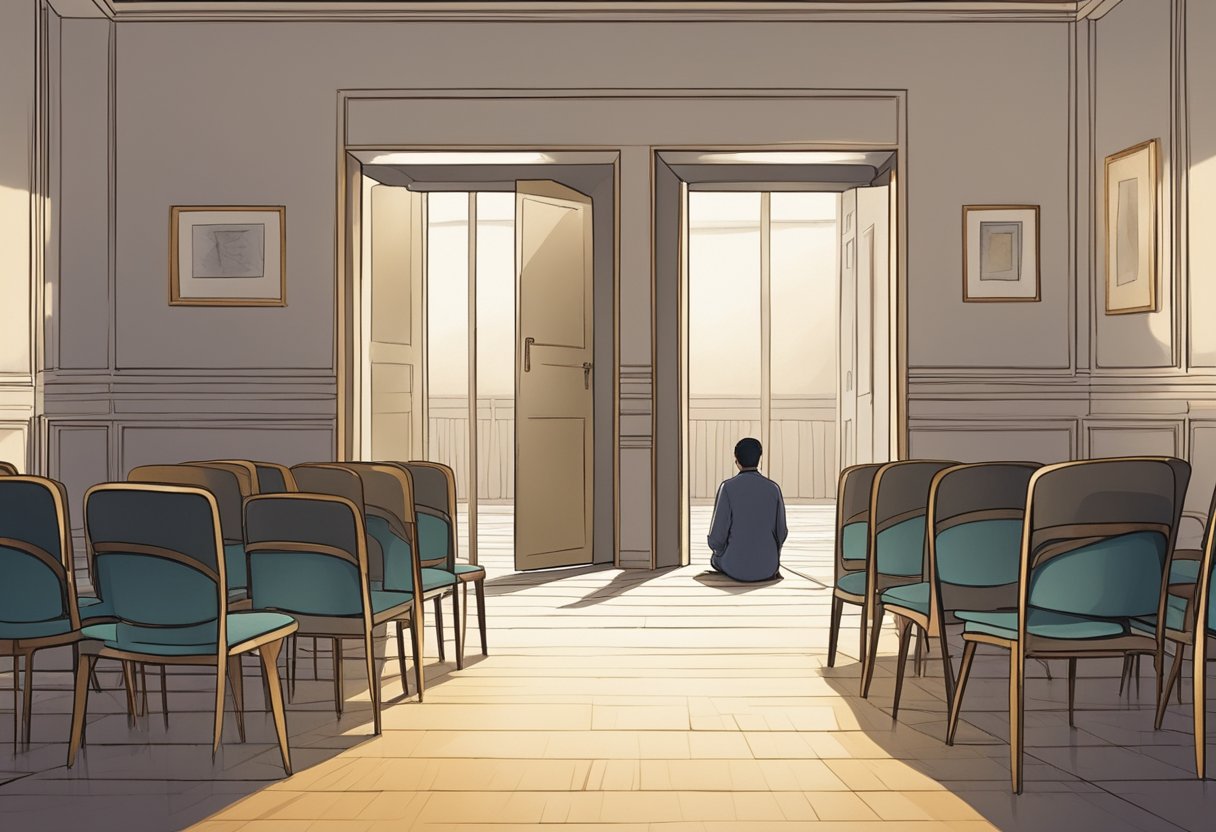 Uma pessoa sentada sozinha em uma sala mal iluminada, cercada por cadeiras vazias e uma porta fechada, com uma sensação de confinamento e isolamento.