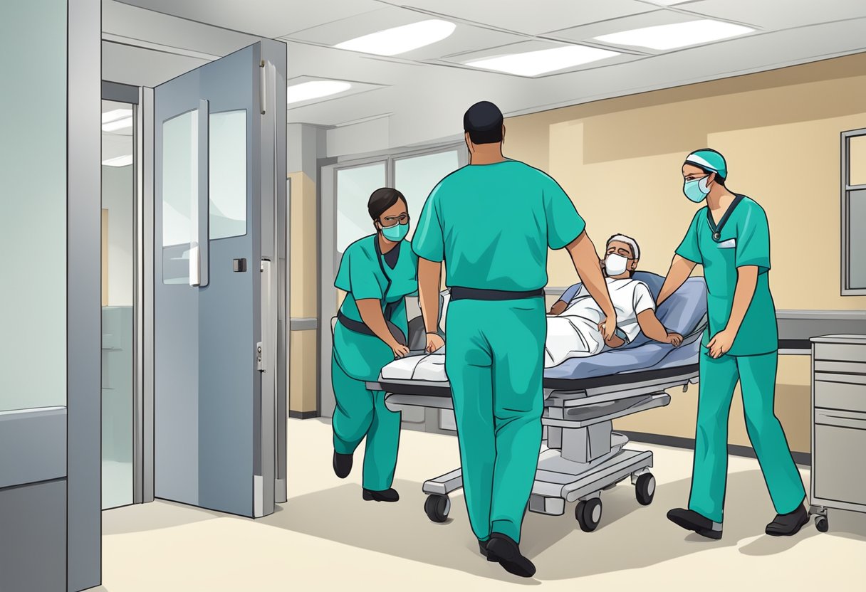 Uma pessoa sendo contida e acompanhada para dentro de uma sala de hospital por profissionais de saúde