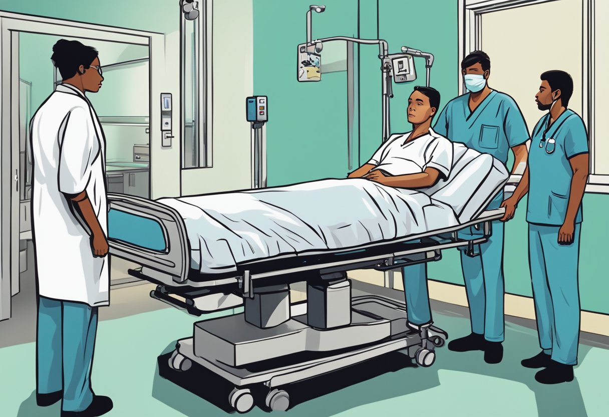 Um paciente sendo contido à força em uma cama de hospital enquanto a equipe médica observa, com uma expressão de preocupação e conflito em seus rostos.