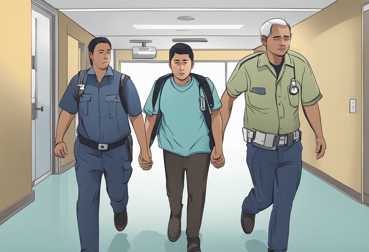 Uma pessoa sendo acompanhada por dois indivíduos em direção a um hospital ou unidade de tratamento, resistindo e parecendo angustiada.