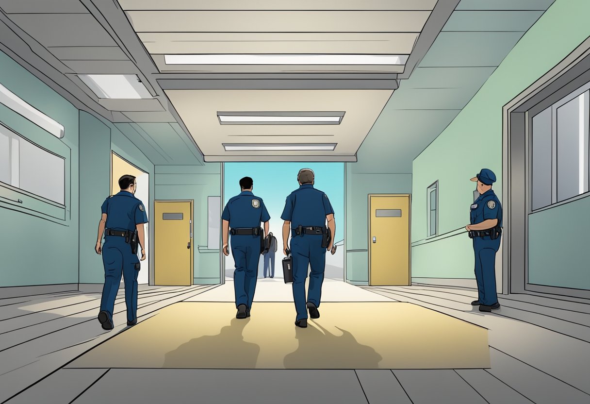 Uma pessoa sendo escoltada por autoridades para uma instituição de tratamento contra sua vontade