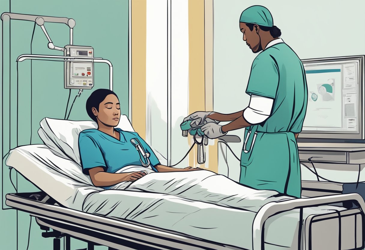 Um profissional de saúde restringindo um paciente em sofrimento em uma cama de hospital