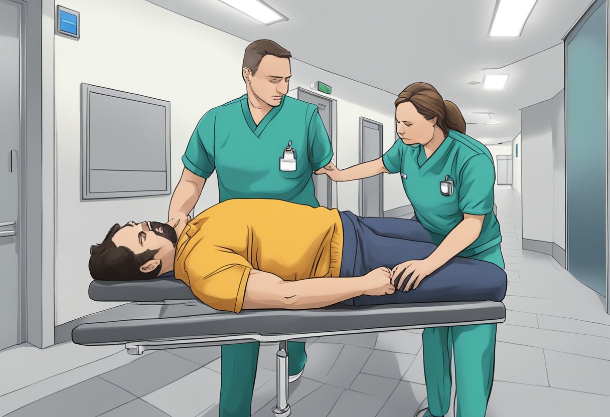 Uma pessoa sendo contida e levada a uma unidade de saúde pública para tratamento involuntário.