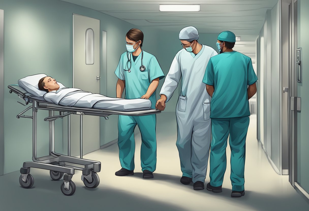 Uma equipe de profissionais médicos acompanha um paciente psiquiátrico calmo de uma instituição segura até uma ambulância à espera.