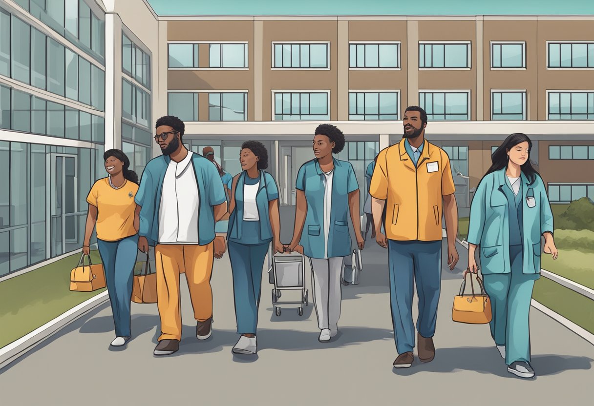Um grupo de profissionais de saúde mental acompanhando pacientes psiquiátricos de uma instituição.