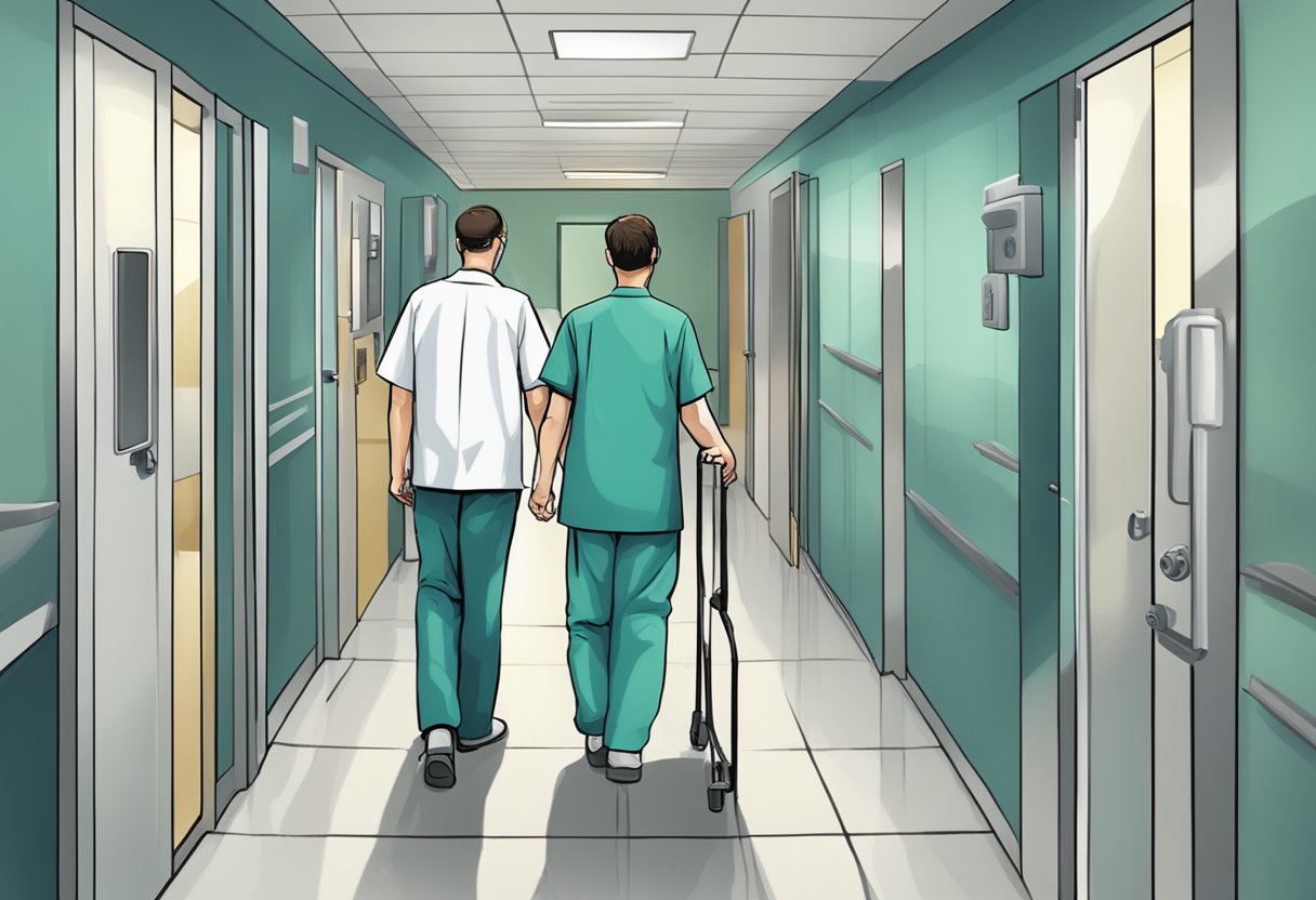 Um paciente psiquiátrico sendo escoltado por uma equipe médica através de uma instalação segura.