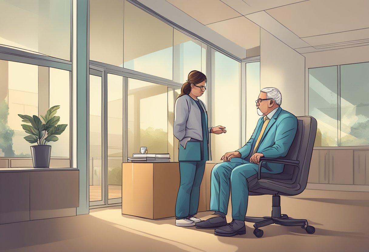 Um psiquiatra orientando um paciente ao sair de uma sessão de terapia