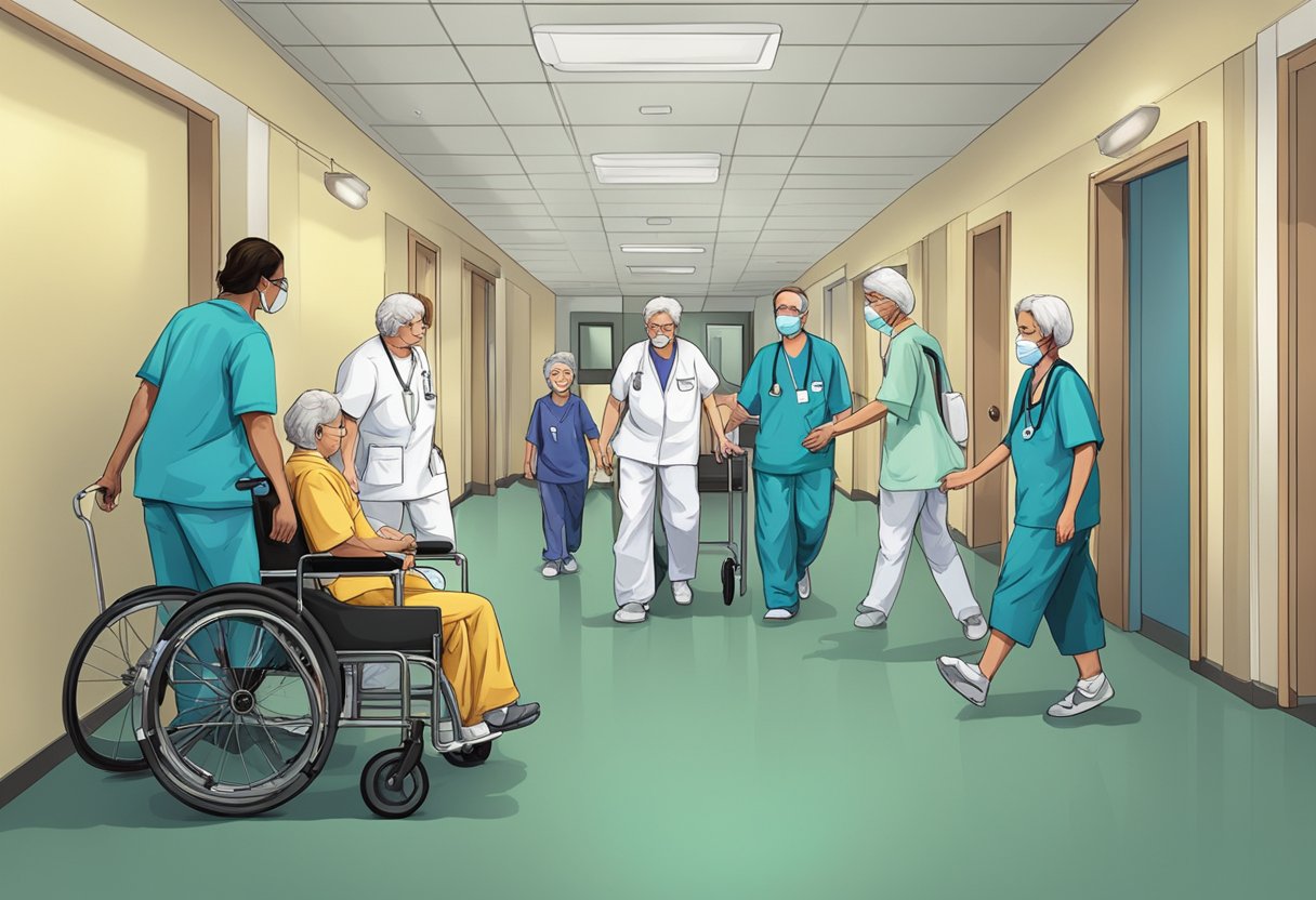 Um grupo de pacientes psiquiátricos sendo escoltado para fora de uma instituição de cuidados por funcionários médicos.