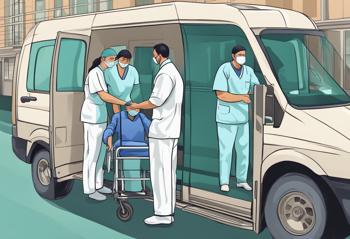 Uma equipe de profissionais de saúde transporta pacientes psiquiátricos de maneira segura e organizada.