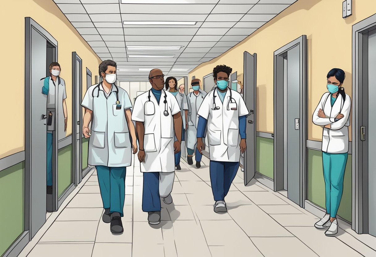 Um grupo de pacientes psiquiátricos sendo escoltado para fora de uma instituição por funcionários médicos