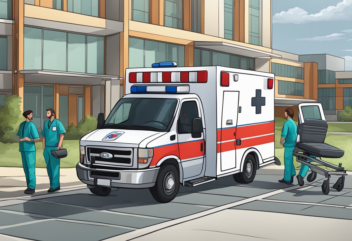 Uma ambulância estacionada do lado de fora de um hospital, com paramédicos descarregando uma maca e equipamentos médicos.