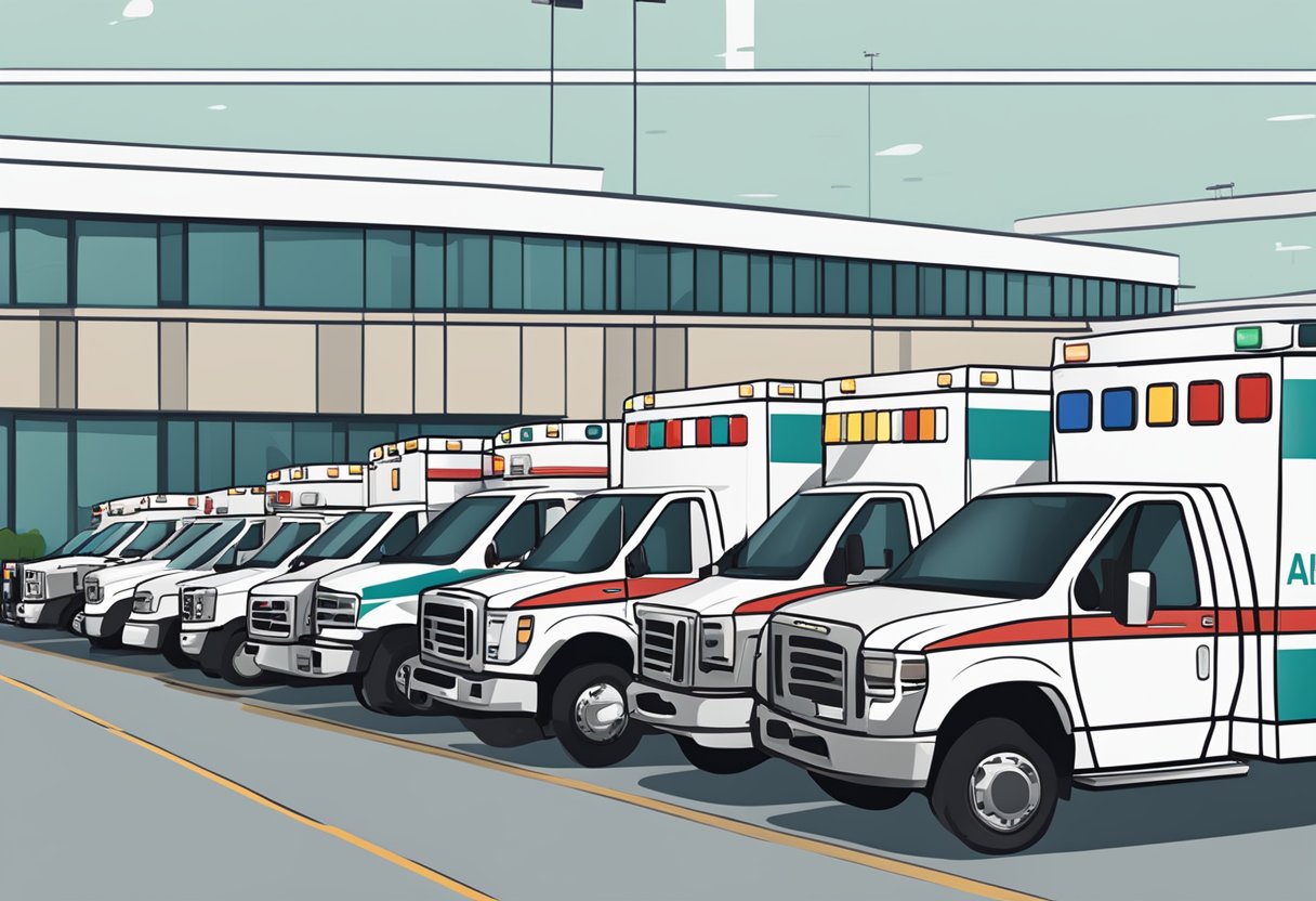 Uma frota de ambulâncias alinhadas do lado de fora de um hospital, cada uma com diferentes marcas e equipamentos para indicar níveis variados de suporte para o transporte de pacientes.