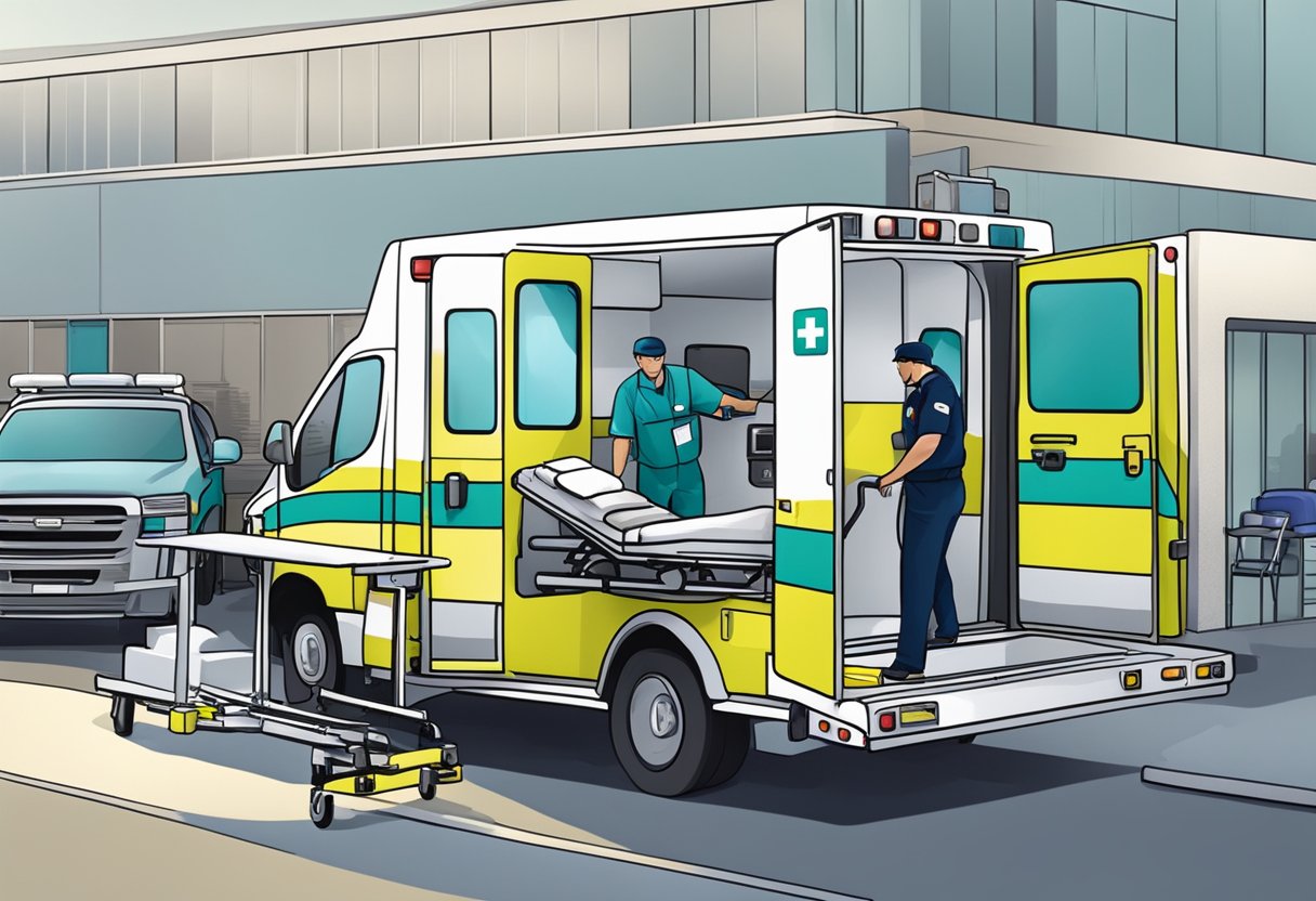 Uma cama hospitalar sendo carregada em uma ambulância com equipamentos médicos e pessoal nas proximidades.