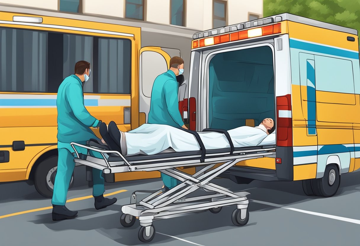 Uma equipe de paramédicos transporta rapidamente um paciente em uma maca da ambulância até a entrada do hospital.