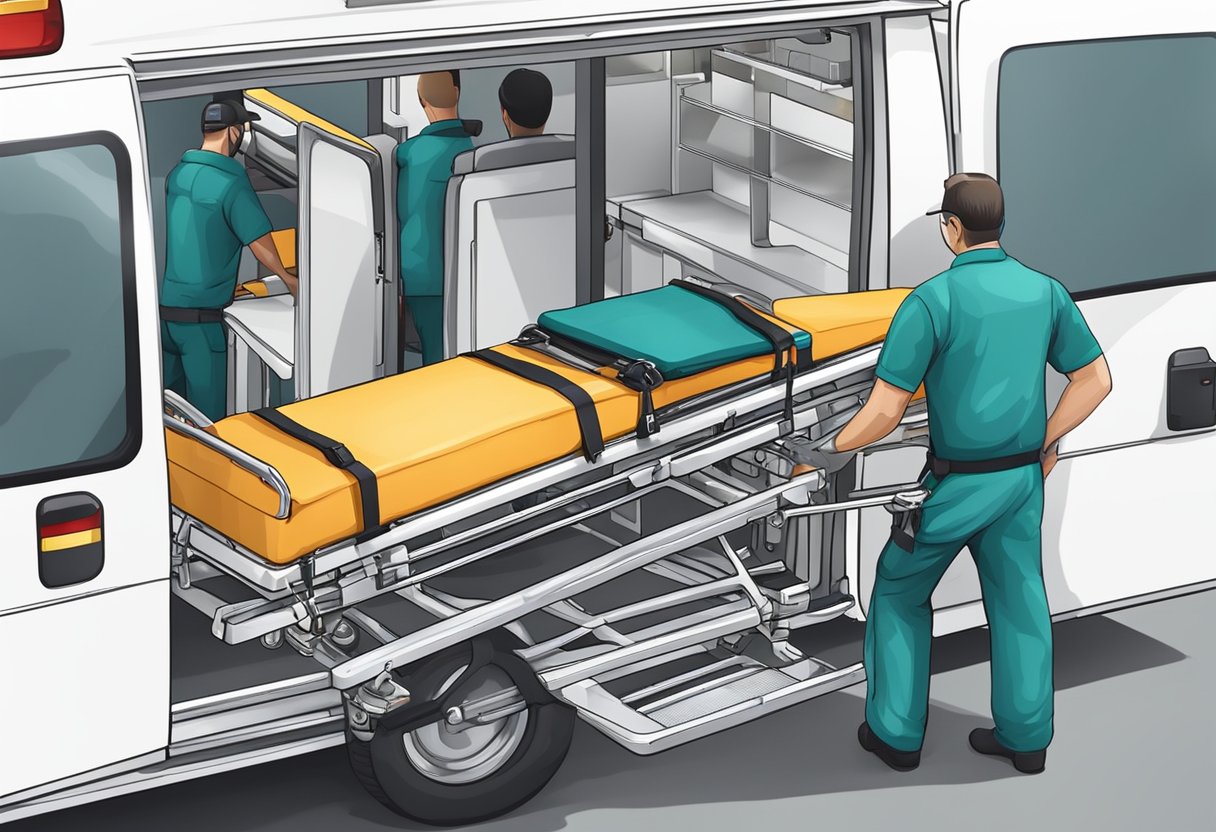 Uma maca médica sendo carregada em uma ambulância, com equipamentos médicos organizados de forma ordenada dentro do veículo para transferências hospitalares.