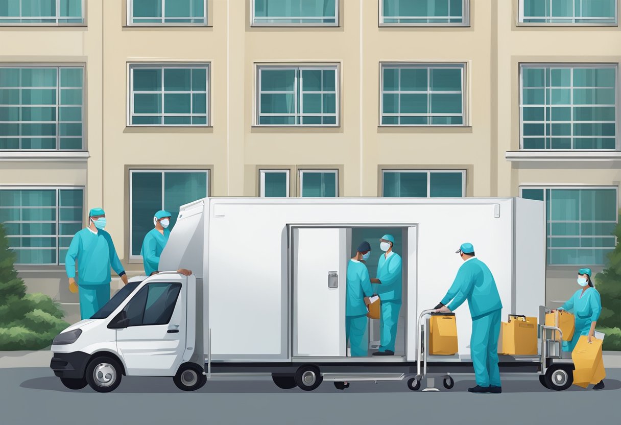 Uma equipe de trabalhadores especializados transporta cuidadosamente equipamentos e suprimentos médicos durante uma relocação hospitalar.