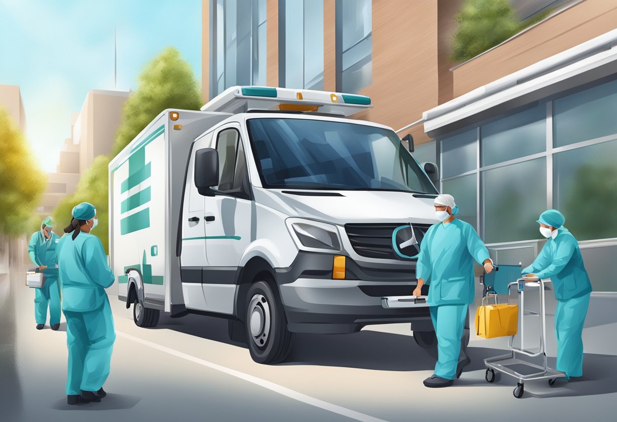 Uma equipe transfere rapidamente equipamentos médicos de um hospital para um veículo de transporte à espera.