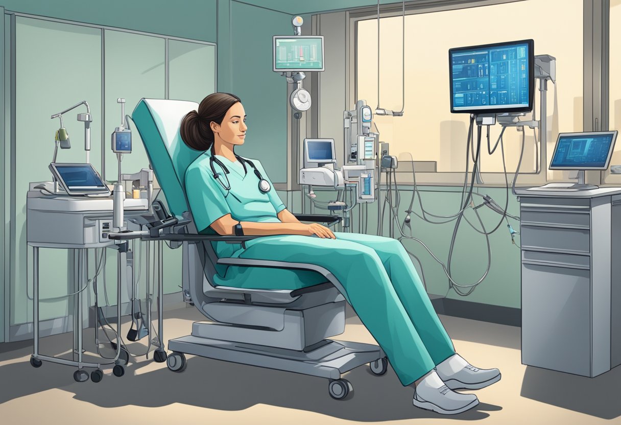 Uma pessoa sentada em uma cadeira, cercada por equipamentos médicos e sendo monitorada pela equipe do hospital.