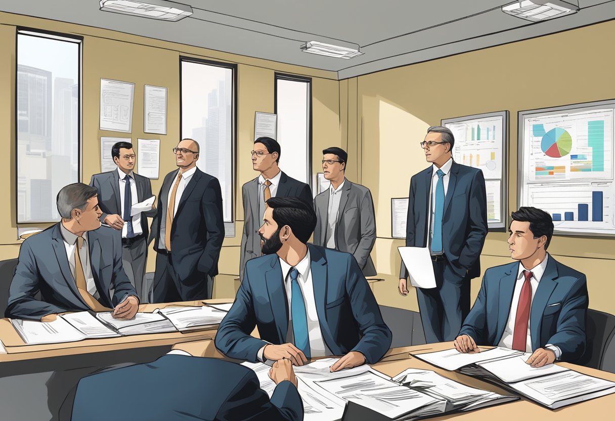 Um grupo de pessoas de terno discutindo protocolos de remoção psiquiátrica e legislação em uma sala de conferências com documentos legais e gráficos nas paredes