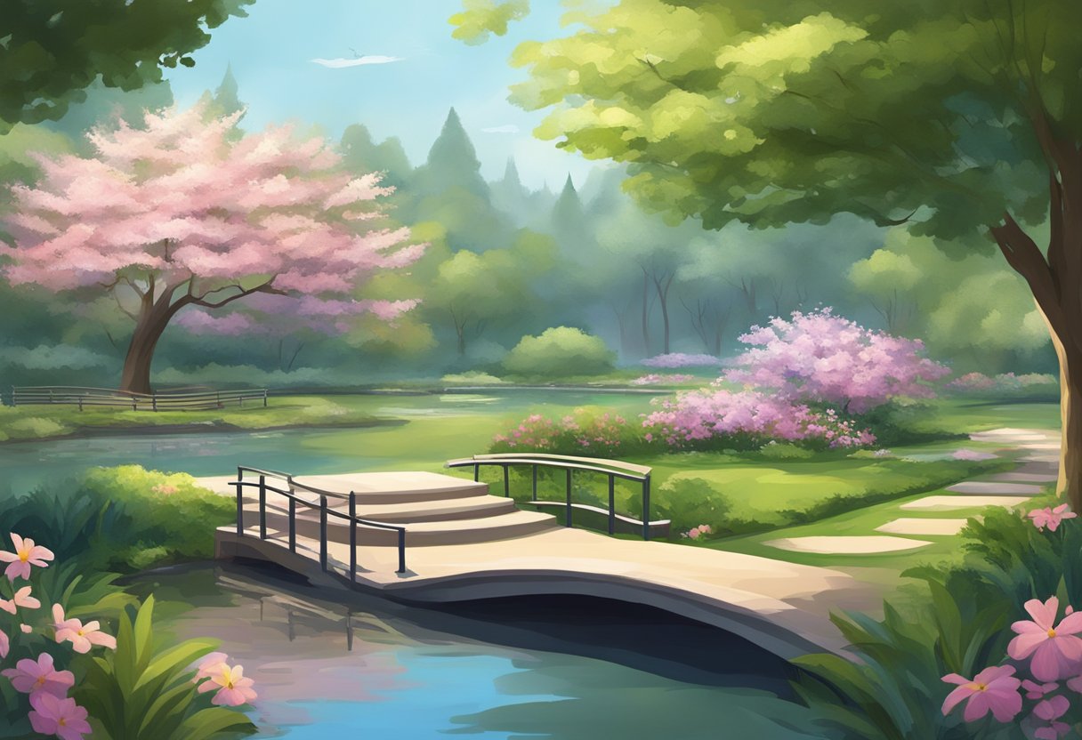 Um parque sereno com uma atmosfera pacífica, apresentando flores em flor, um lago tranquilo e uma brisa suave.