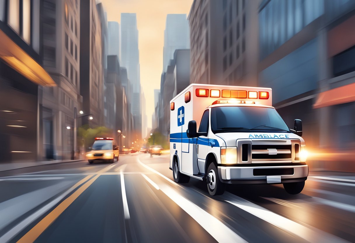 Uma ambulância acelerando pelas ruas da cidade com as luzes piscando e a sirene soando