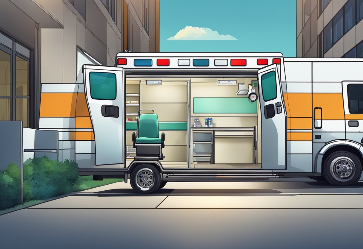 Uma ambulância estacionada do lado de fora de uma unidade médica, com equipamentos médicos visíveis através das portas abertas