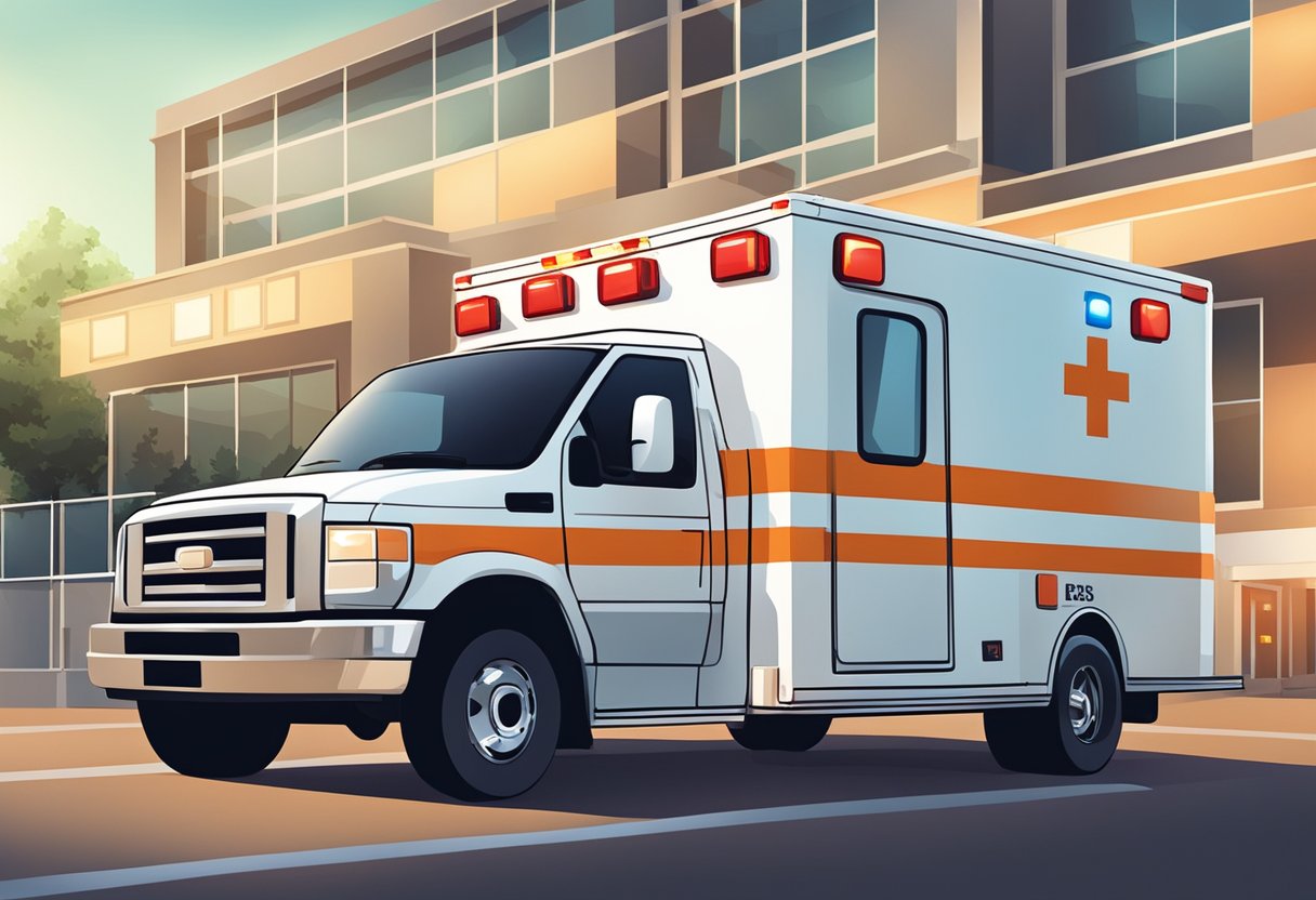 Uma ambulância estacionada do lado de fora de um hospital, luzes de emergência piscando