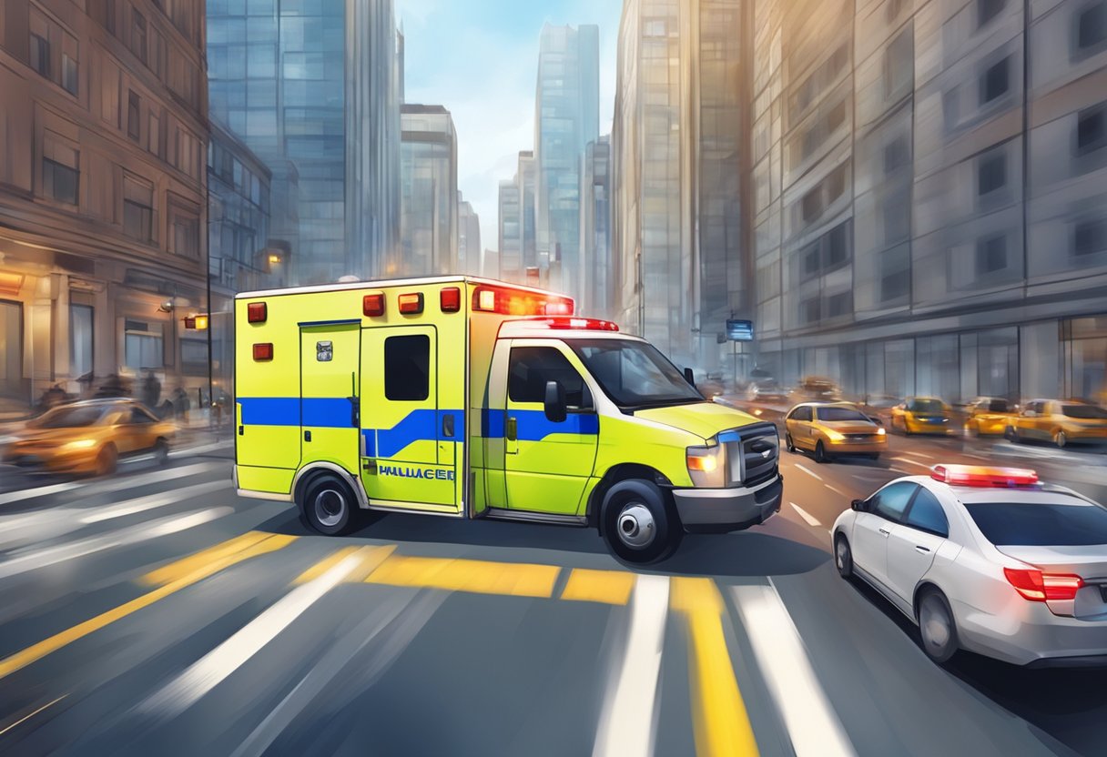 Uma ambulância correndo para uma emergência, com luzes piscando e sirenes, navegando pelo trânsito em uma rua movimentada da cidade.