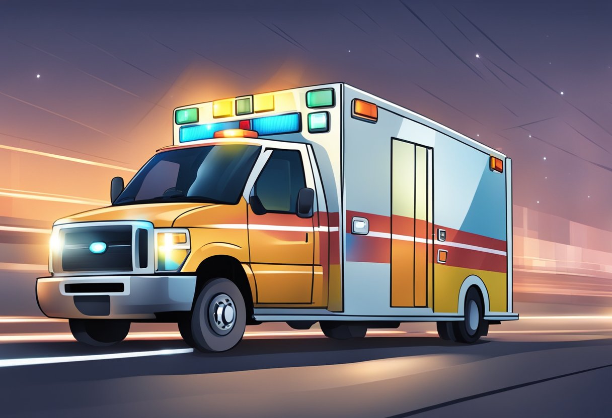 Uma ambulância acelerando em direção a um hospital com as luzes de emergência piscando