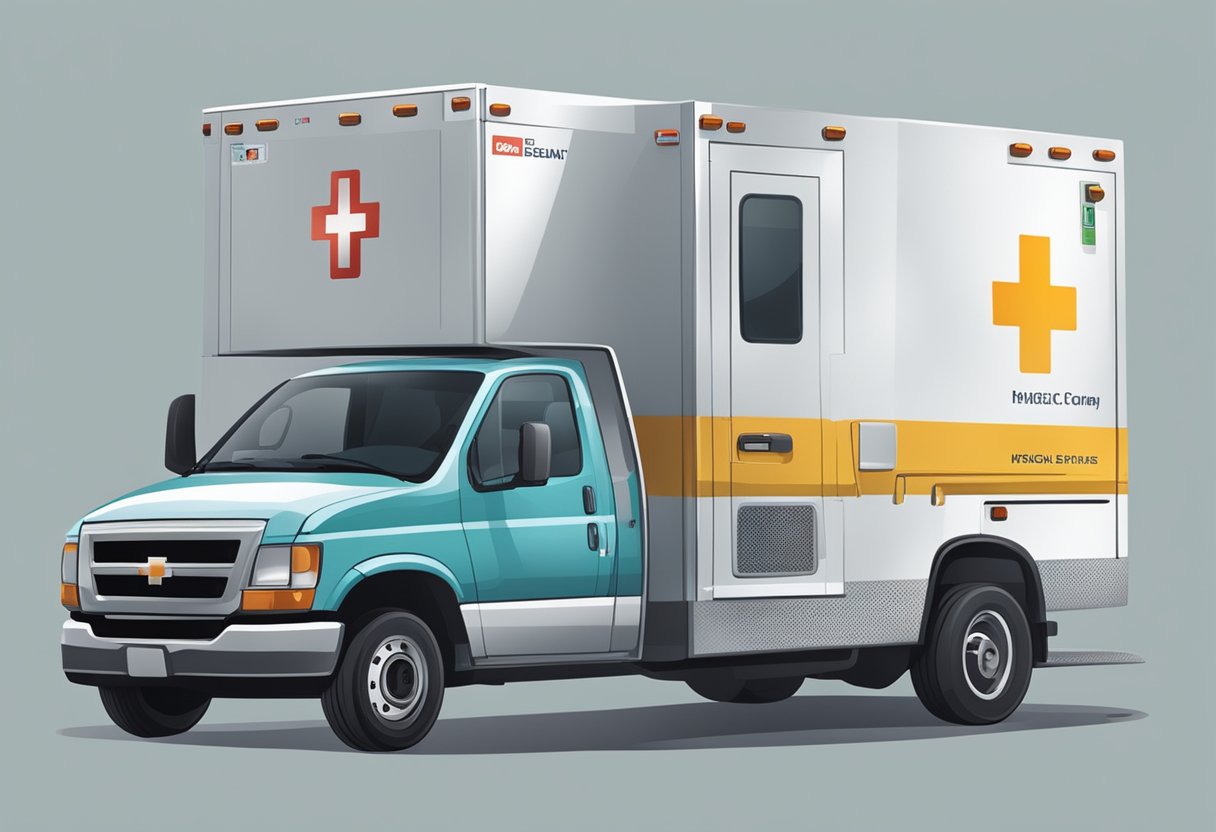 Um veículo de uma empresa de remoção hospitalar estacionado do lado de fora de uma unidade médica, com funcionários carregando equipamentos e suprimentos.