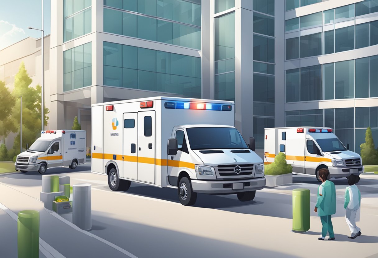 Uma ambulância moderna com equipamentos médicos avançados estacionada do lado de fora de um hospital, com técnicos carregando suprimentos.