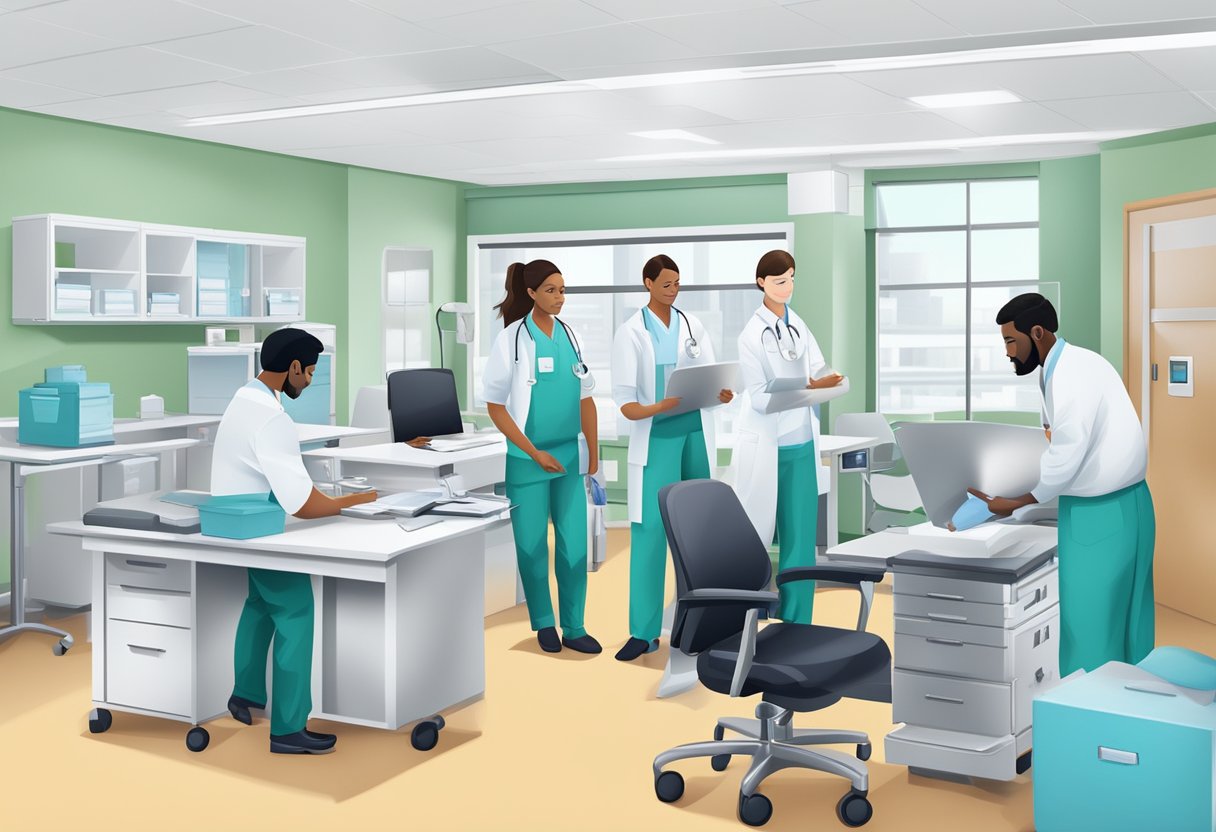 Uma equipe de profissionais coordenando serviços de remoção hospitalar para empresas, com equipamentos médicos e documentação em um ambiente de escritório claro e organizado.