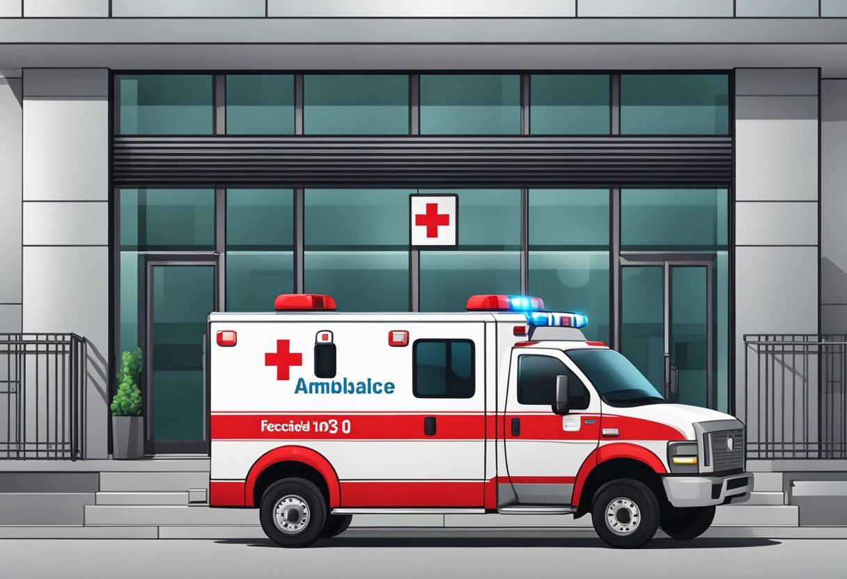 Uma ambulância do hospital estacionou do lado de fora de um prédio com uma cruz vermelha na porta. A equipe médica e os veículos de emergência estão presentes.