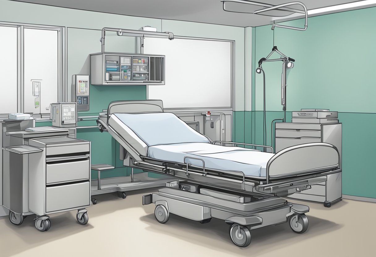 Uma cama hospitalar sendo preparada para transferência por uma empresa de remoção, com equipamentos médicos sendo embalados em caixas.