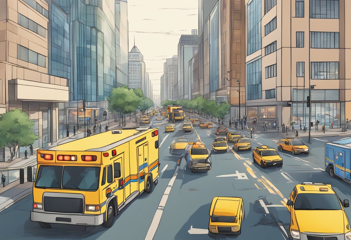 Uma unidade de UTI móvel correndo pelo trânsito, sirenes tocando, enquanto navega pela cidade para chegar a uma cena de emergência.