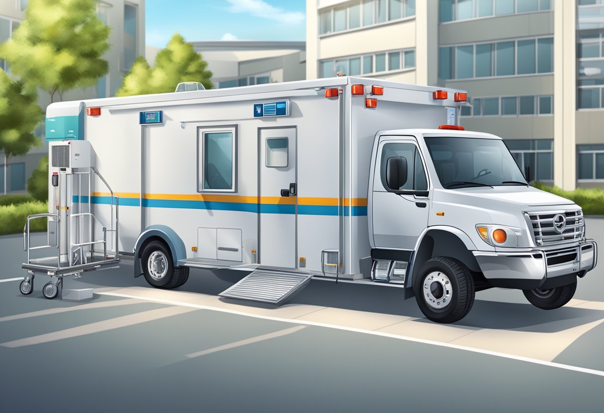 Um veículo de UTI móvel com equipamentos e suprimentos médicos essenciais estacionado do lado de fora de um hospital, pronto para transporte de emergência.