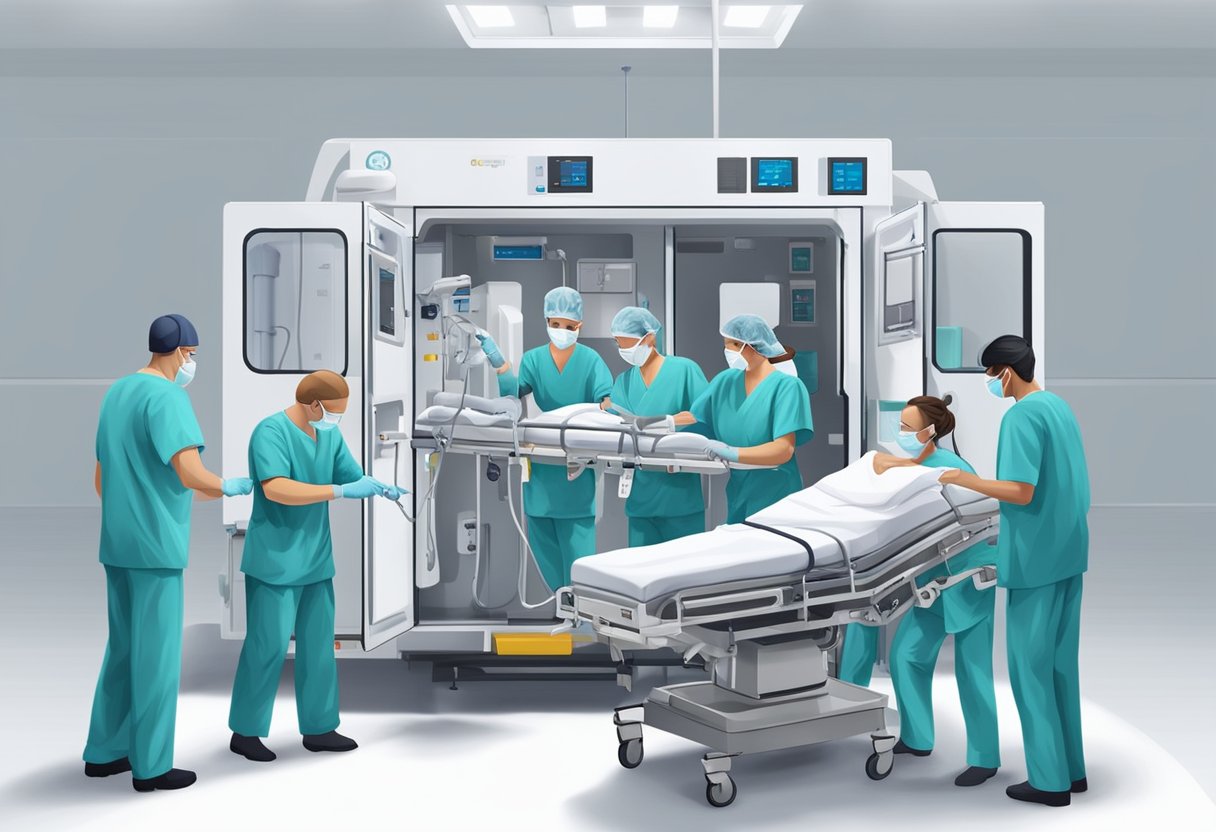 Uma equipe de profissionais de saúde está cuidadosamente transferindo um paciente para uma unidade de UTI móvel, cercada por equipamentos médicos avançados.