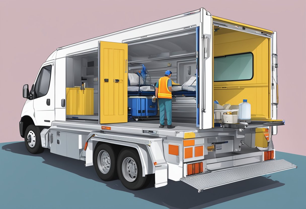 Uma unidade de UTI móvel sendo carregada em um veículo especializado para transporte. Equipamentos e suprimentos médicos estão sendo cuidadosamente fixados dentro da unidade.
