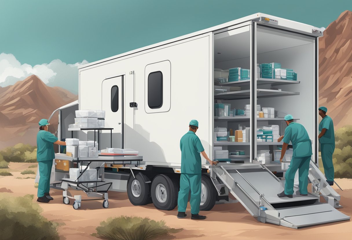 Uma unidade médica móvel sendo transportada e montada em uma área remota, com suprimentos e equipamentos médicos sendo descarregados e organizados.