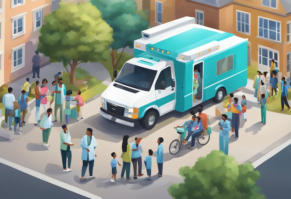Uma unidade médica móvel estacionada em uma comunidade movimentada, com pessoas se reunindo para receber serviços de saúde.