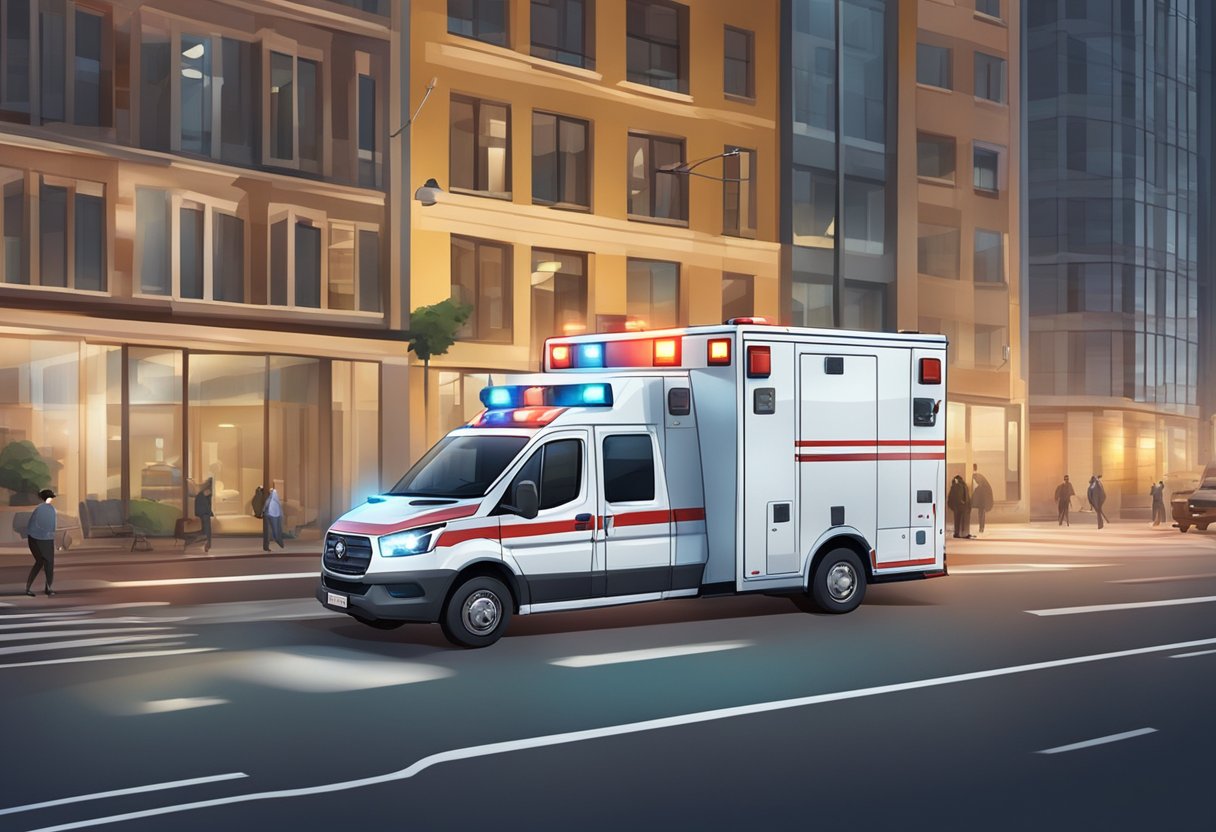 Uma ambulância de UTI móvel navegando pelo tráfego urbano, com luzes piscando e equipamentos médicos visíveis através das janelas