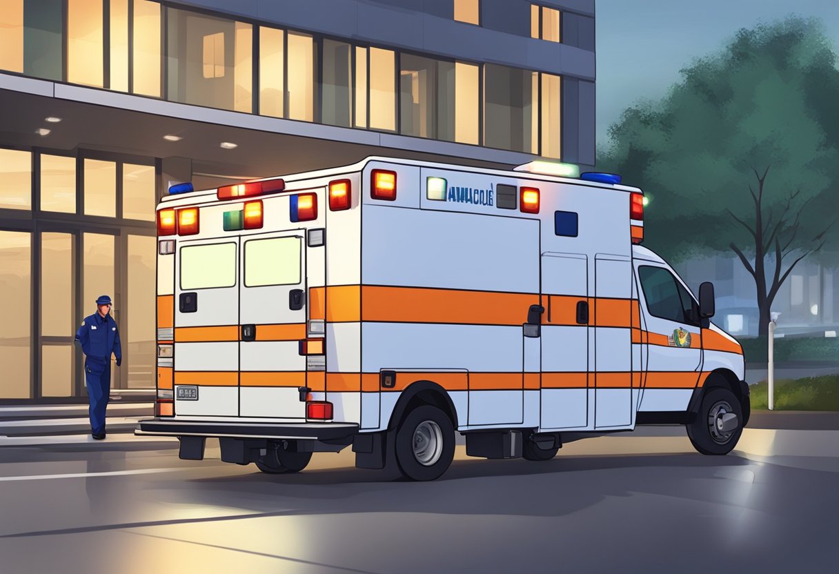 Uma ambulância estacionada do lado de fora de um hospital, com suas luzes piscando e um paramédico carregando uma maca em direção à entrada.