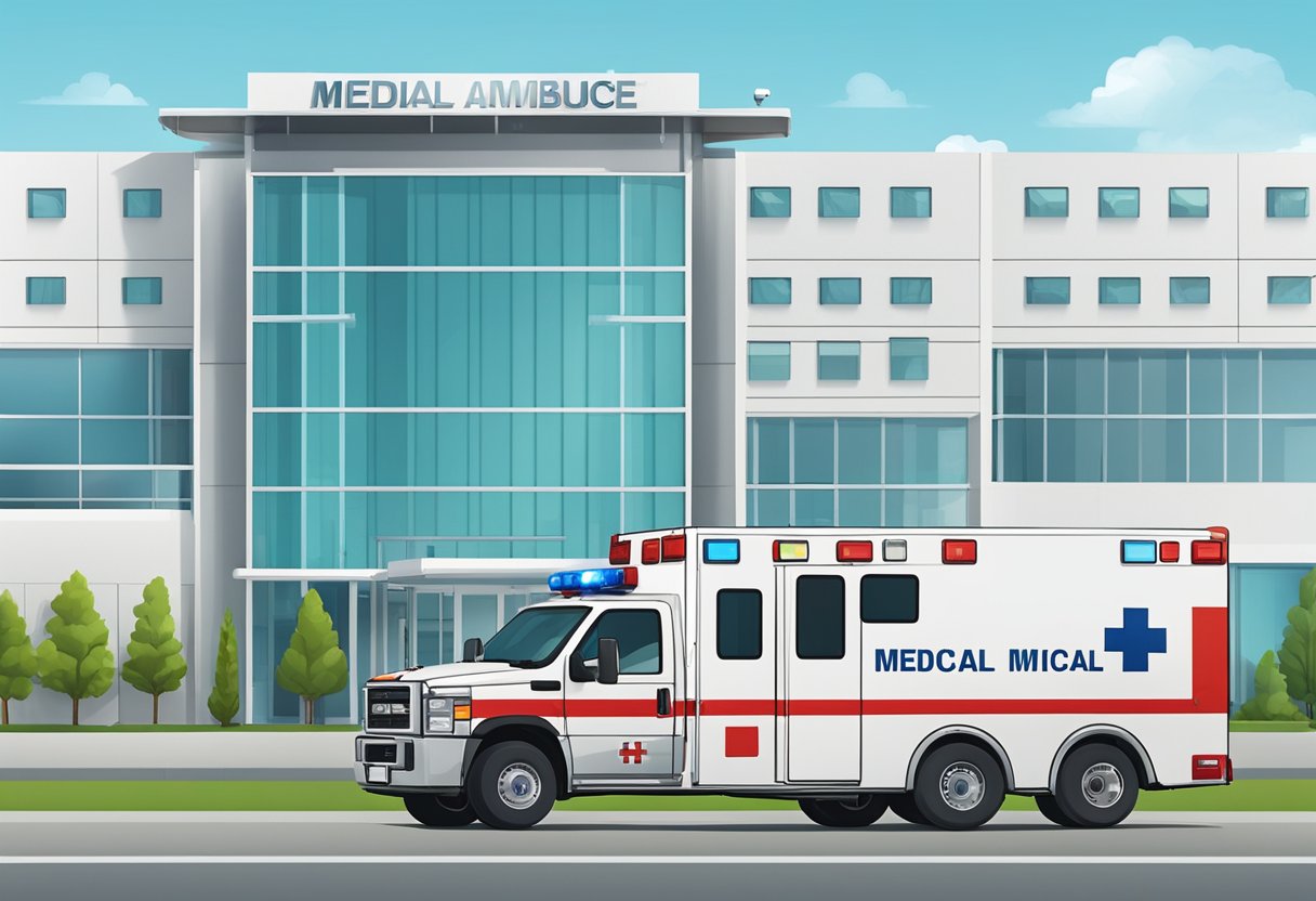 Uma ambulância estacionada do lado de fora de uma moderna instalação médica, com suas portas abertas e equipamentos médicos visíveis dentro. A área ao redor inclui um heliponto e outros veículos de emergência.