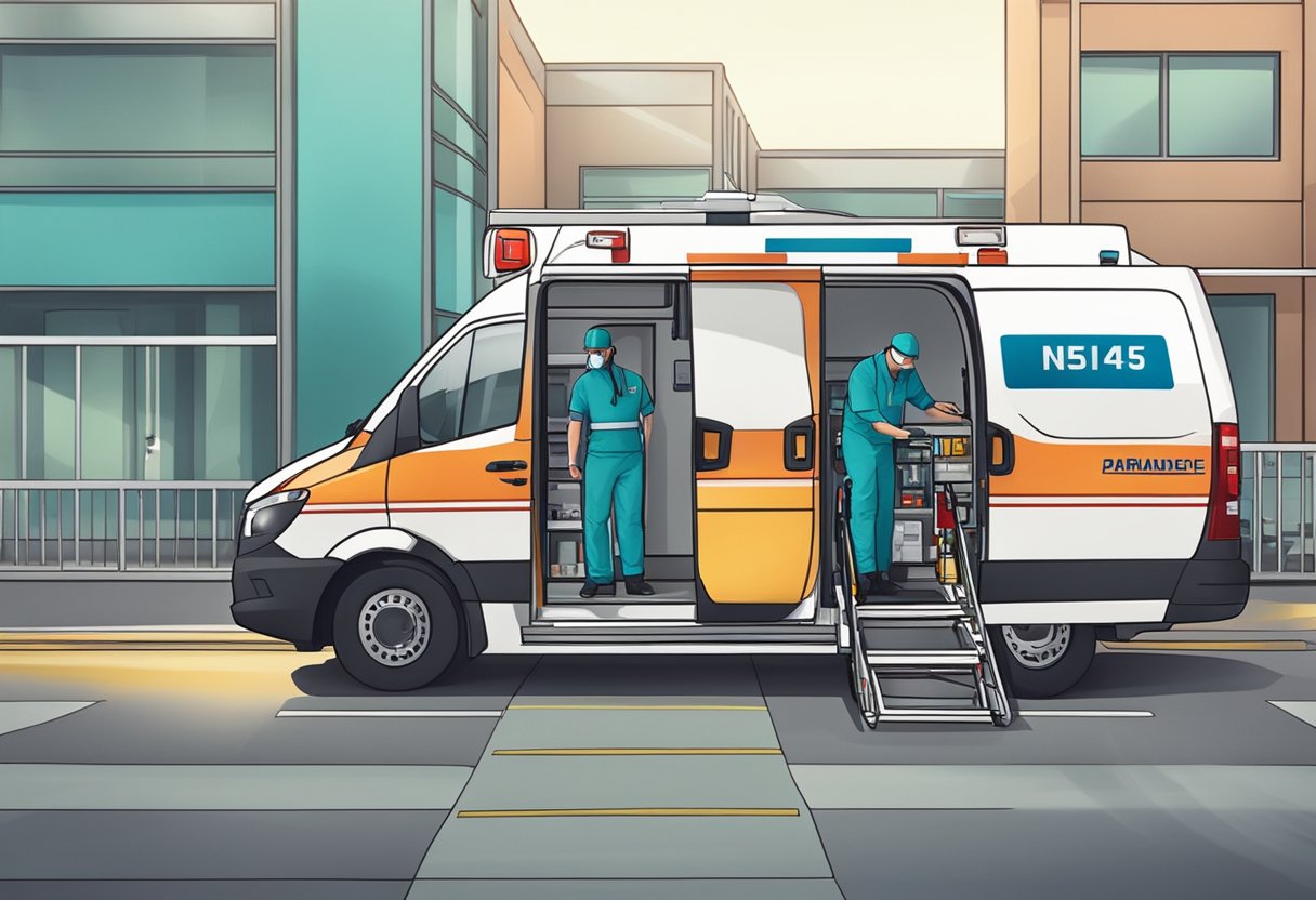 Uma ambulância particular estacionada do lado de fora de um hospital, com um paramédico carregando equipamentos médicos no veículo.