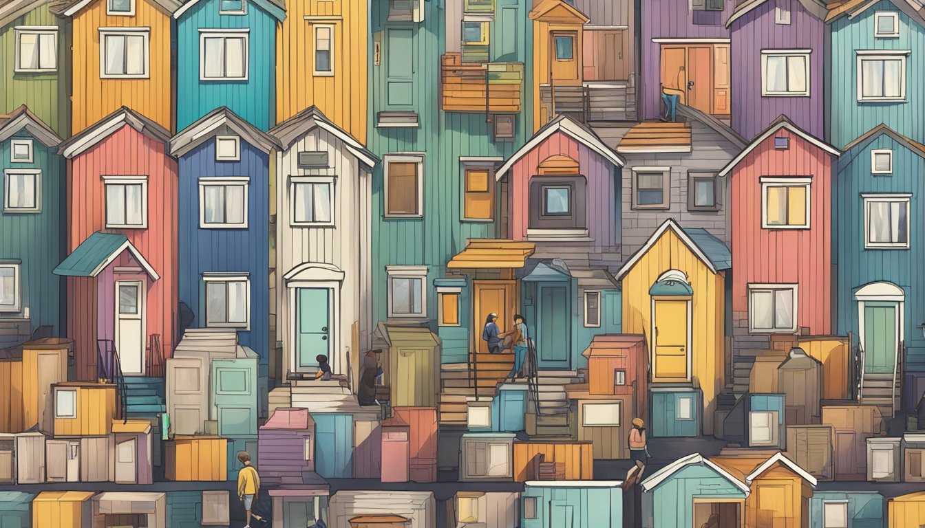 A tiny house surrounded by price tags of varying sizes and colors, with a person carefully examining and comparing them