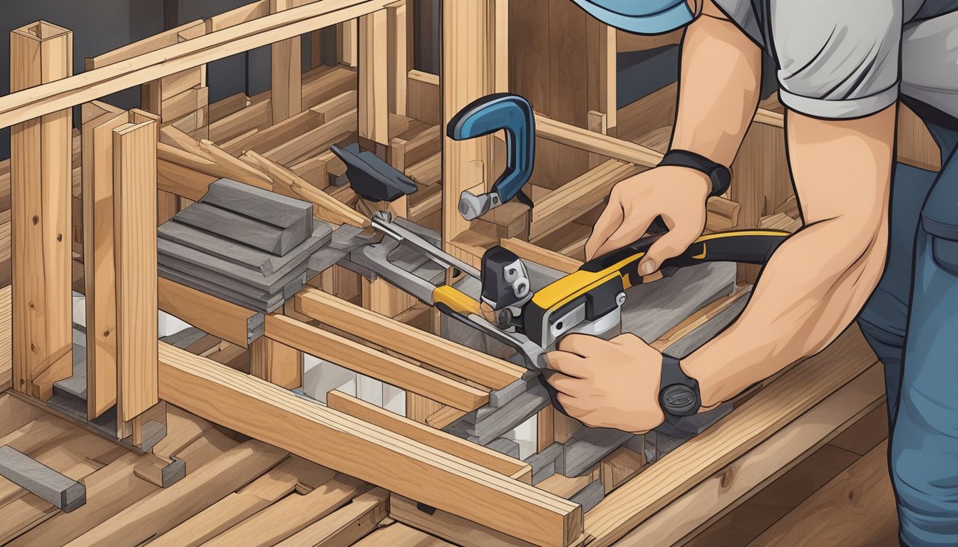 A carpenter assembling a tiny house frame with tools and materials scattered around the construction site