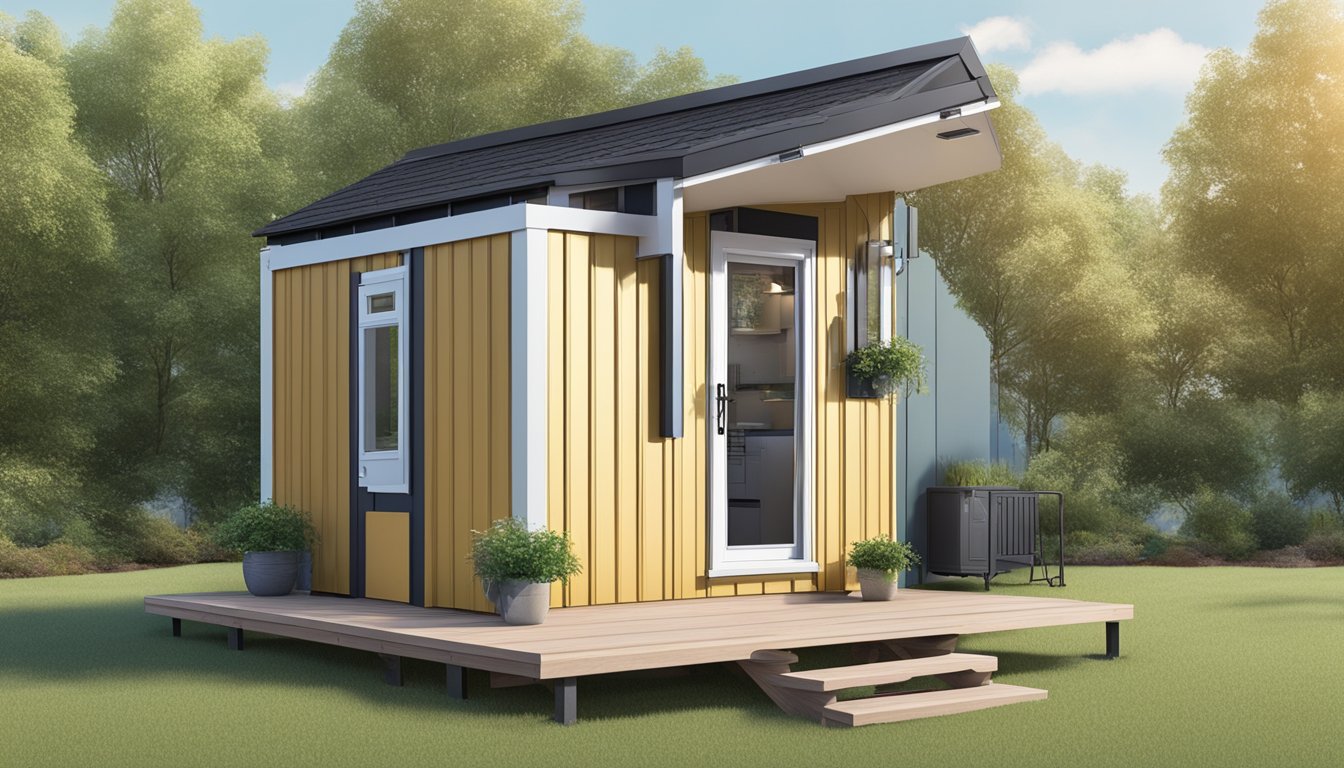 A compact tiny house with visible utility systems and no loft