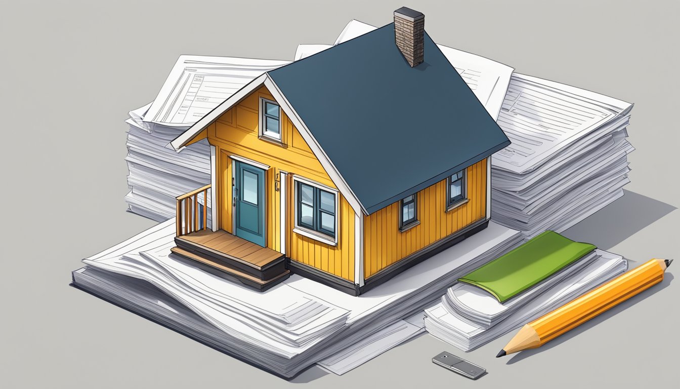 A tiny house surrounded by legal documents and a price tag