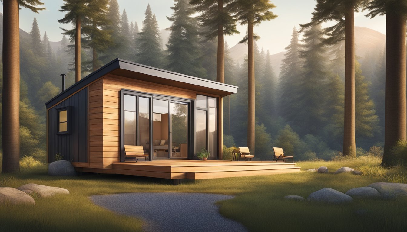 A tiny house with thick insulation, double-paned windows, and a small, efficient heating and cooling system, nestled in a serene natural setting